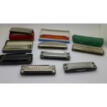 Nine assorted harmonicas including five Hohner