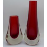Two 1970's Whitefriars teardrop shaped vases in ruby, tallest 20.5cm