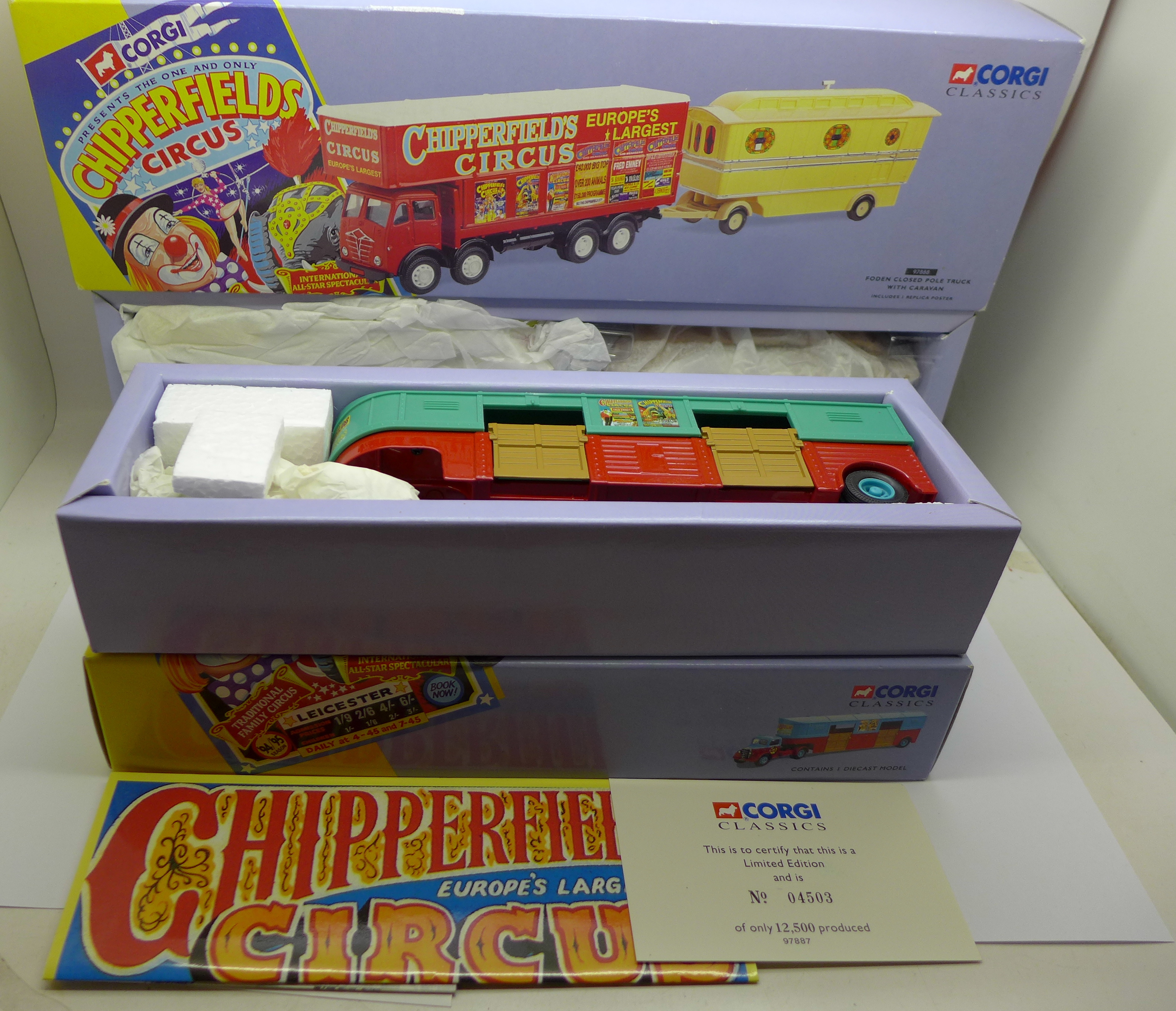 A Corgi Classics Chipperfields Circus Foden Closed Pole Truck with Caravan and Bedford O Articulated