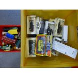 A box of die-cast model vehicles including boxed Days Gone and older Corgi and Matchbox, playworn