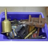 An antique salter's brass roasting spit, a brass Turkish coffee grinder and assorted tools, etc.**