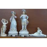 A pair of German porcelain figures, one a/f, one other figure and a figural tray