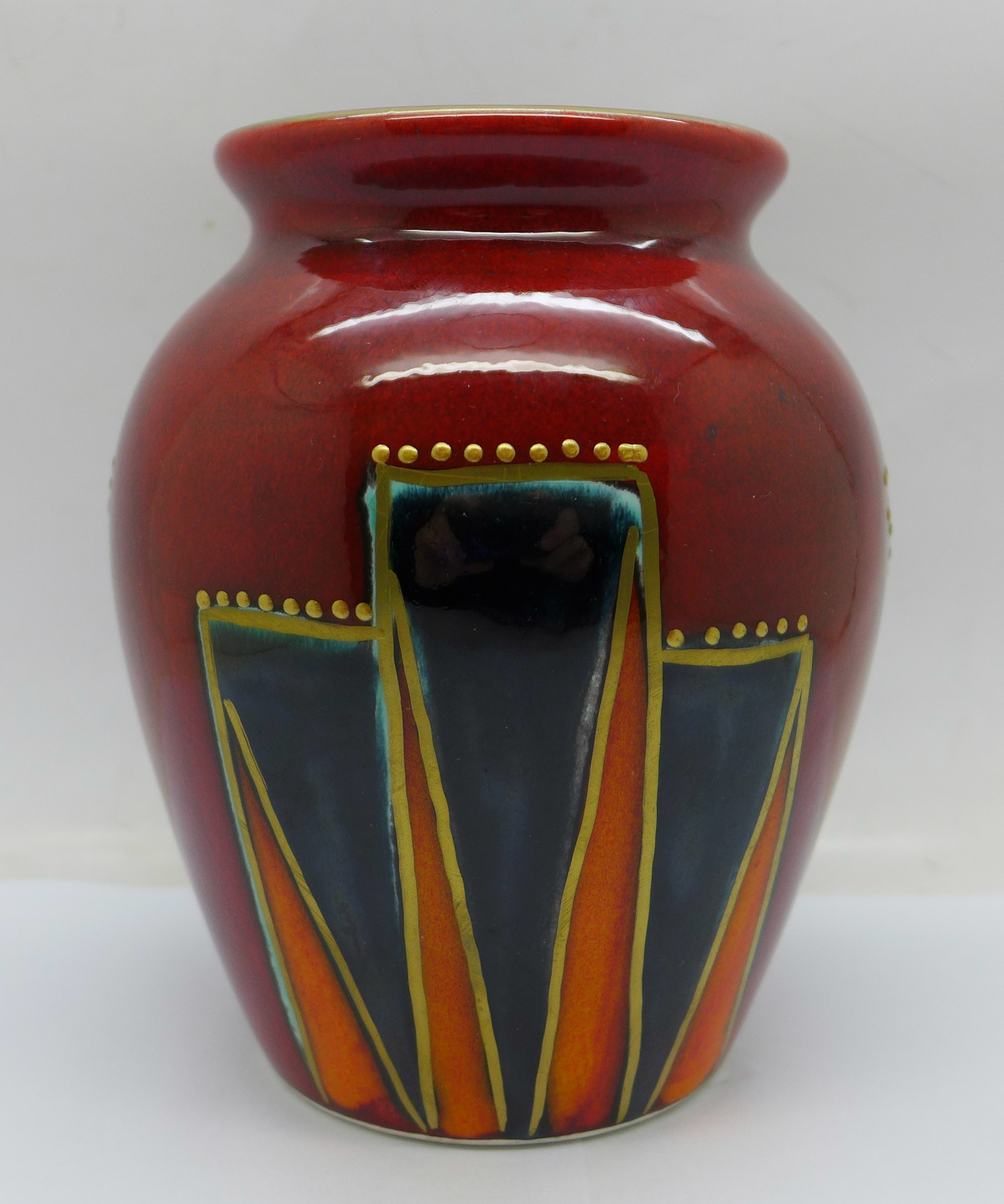 An Anita Harris art pottery vase, hand painted Ali Baba shape in the Deco design, signed by Anita