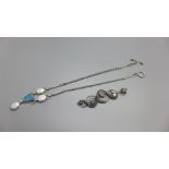 A Sajen silver stone set pendant and a 925 silver necklace set with pearl and opal