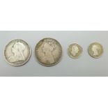 Four Victorian coins, an 1838 4d, (groat), 1836 3d, 1900 florin and a Gothic head florin