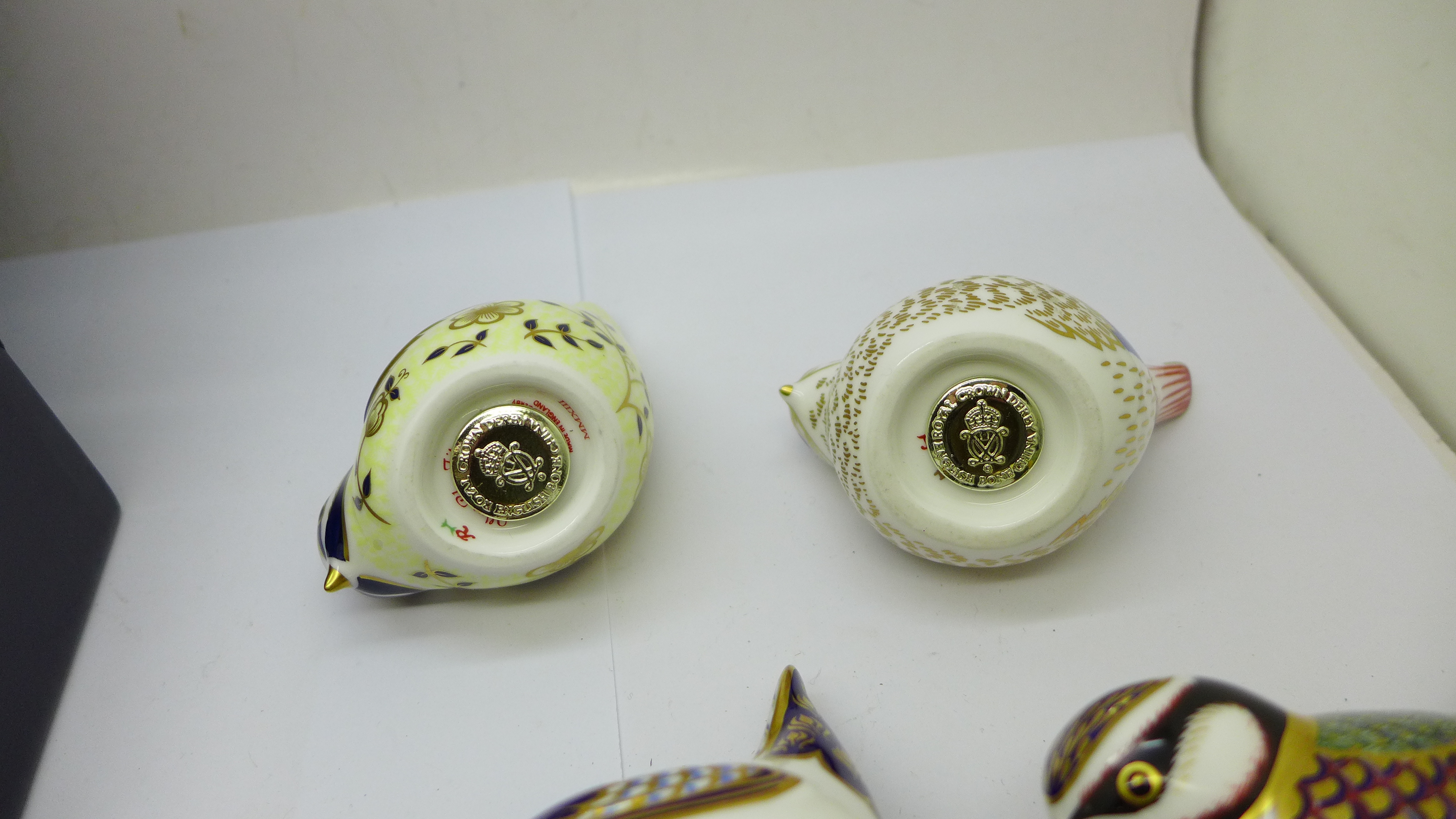 Five Royal Crown Derby paperweights - Goldcrest with gold stopper, Wren with gold stopper, Blue - Image 9 of 14