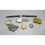 A Skinner & Rook tape measure, two pens with 14ct gold nibs, a brass box, a/f, etc.