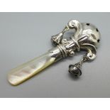 A silver and pearl rattle, Birmingham 1925