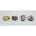 Three silver gem set rings and a silver gilt Diamonique ring