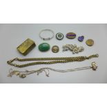 A child's silver bangle, badges, Albert chain, scarab beetle brooch, vesta, a/f, two necklaces and a