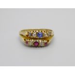 An antique 18ct gold, sapphire, ruby and diamond 'double' ring, Chester hallmark, 3.9g, O