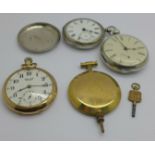 Two silver and one gold plated pocket watch, one silver watch a/f, an advertising pocket watch key