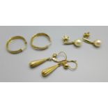 Two pairs of 9ct gold earrings, one a/f, 4.6g, and a pair of silver gilt and faux pearl earrings
