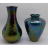 Two iridescent glass vases, tallest 17cm