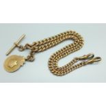 A 9ct gold graduated link double Albert watch chain with 9ct gold fob and T-bar, each link marked