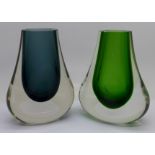 Two 1970's Whitefriars Hambone vases by Geoffrey Baxter, pattern no. 9656 in green and indigo, 14cm