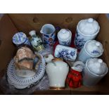 A set of five Delft Bleau storage jars, a small Franz dish, a lidded vase, decorative plates, a