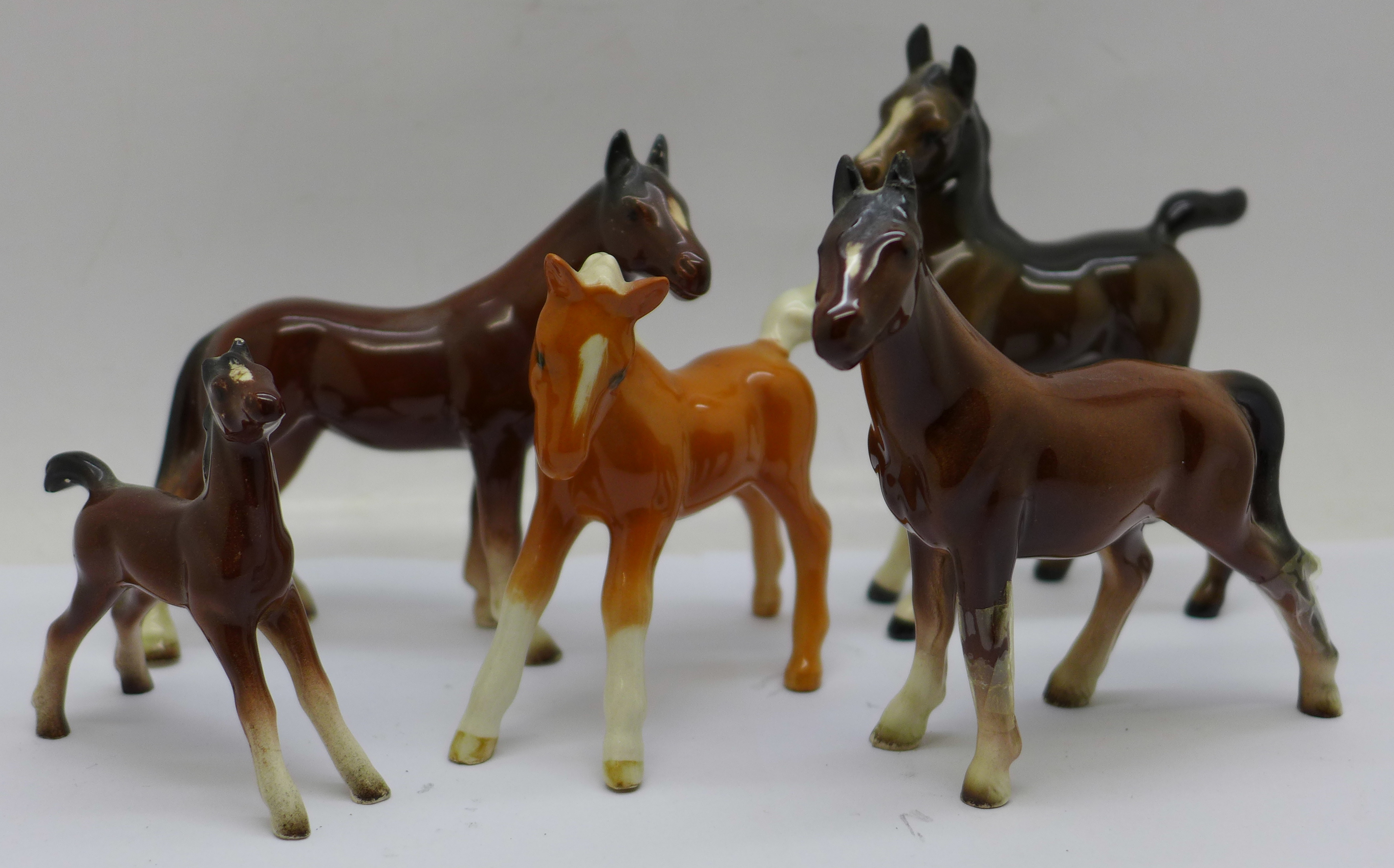 Five small Beswick horses and foals, three a/f