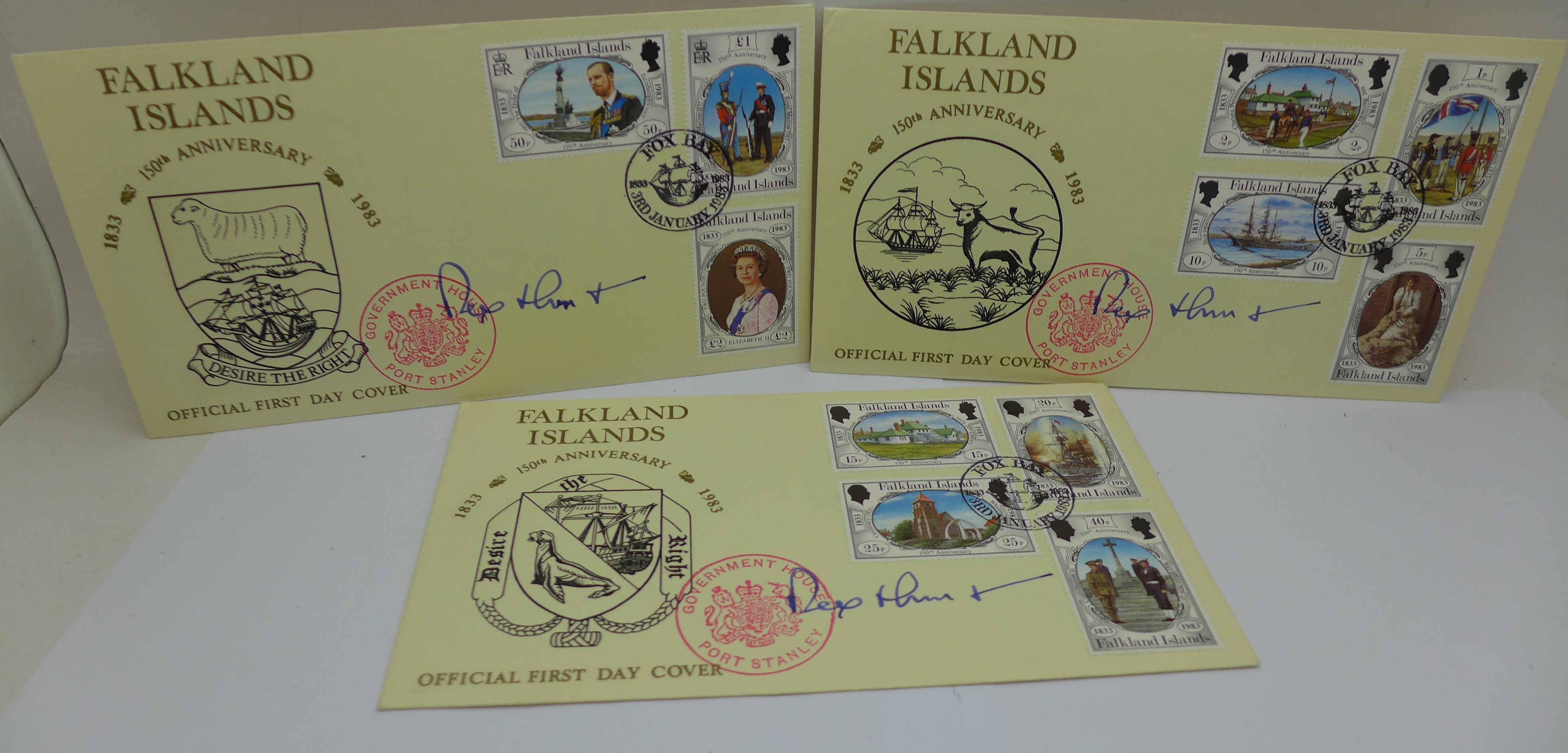 Stamps; Falkland Island first day covers for 1983 150th Anniversary set, three covers stamped at Fox