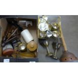 Assorted items including a pair of candlesticks, goblets, a flask, a cork diorama, a plunger,