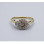 A 9ct gold and diamond cluster ring, 2.2g, P