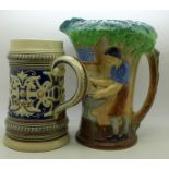 A German stoneware stein and a jug, Village Blacksmith