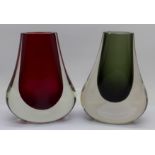 Two 1970's Whitefriars Hambone vases by Geoffrey Baxter, pattern no. 9656 in green and grey, 14cm