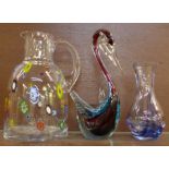 A Murano glass jug, Caithness glass vase and a glass model of a bird