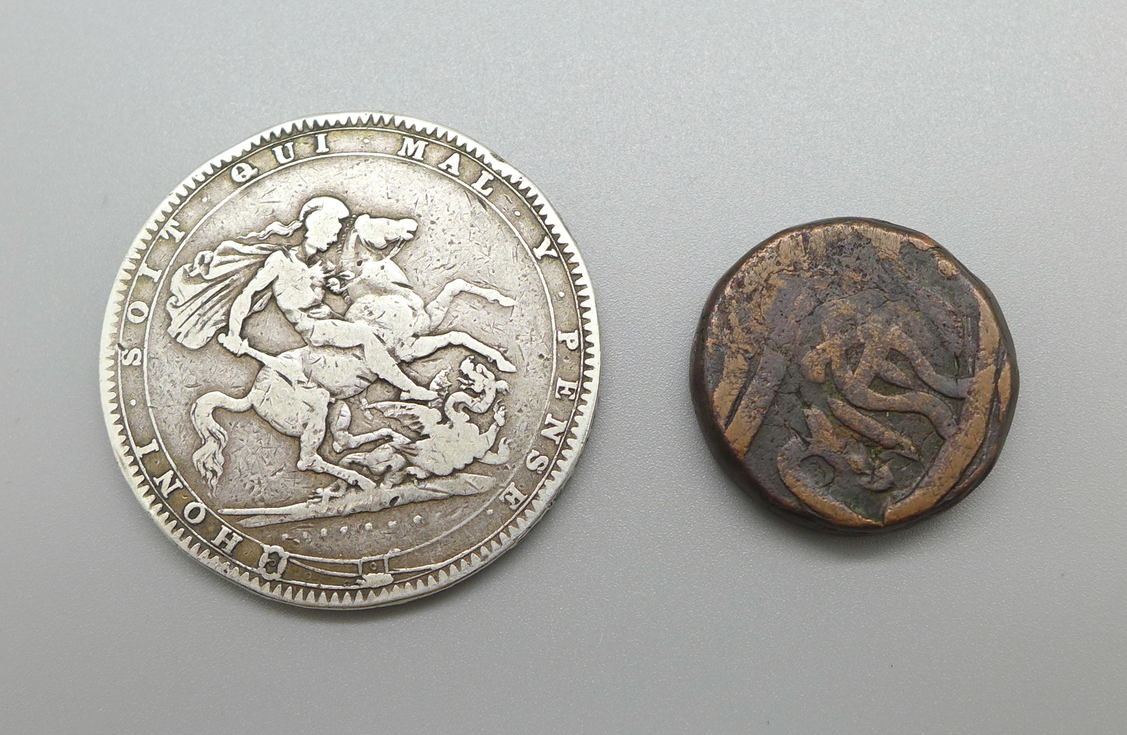 An 1819 George III silver crown and a foreign bronze coin - Image 3 of 4