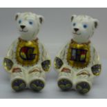 Two Royal Crown Derby paperweights, modelled as Alphabet Bears comprising G and H, 10.5cm high, gold