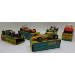 Five Corgi Toys die-cast Formula 1 cars and sports cars, in original boxes, circa 1970's