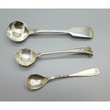 Two silver salt spoons and a silver mustard spoon; mustard spoon by Thos. Wilkes Barker, London