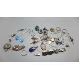 A collection of silver and white metal jewellery