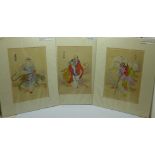 Three Chinese paintings on silk, featuring figures with an elephant, lion and leopard, signed
