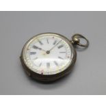 A silver fob watch with enamel dial
