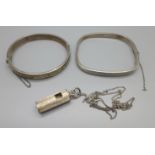 Two silver bangles and a silver whistle and chain