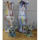 Two Murano glass vases and two glass baskets