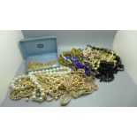 Costume jewellery, mainly bead necklaces and faux pearl necklaces