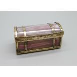 A Scottish agate casket with yellow metal mounts, two rear panels a/f, width 6cm