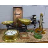 A set of Avery balance scales, a Spong coffee mill and slicer, an Acctim quartz wall clock and a