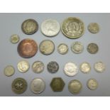 Foreign coins including some silver, (one reproduction Mexican coin)