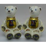 Two Royal Crown Derby paperweights modelled as Alphabet Bears comprising F and T, 10.5cm high,