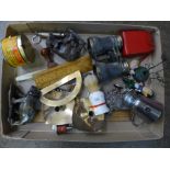 A box of assorted items; including a scent bottle, plated dwarf candlesticks, whistle and opera