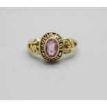 A yellow metal, amethyst and white stone ring, hallmark worn, 4.4g, M