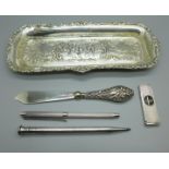 A late Victorian silver pen tray, Birmingham 1899, a silver pen, a silver Eversharp pencil, a/f, a