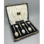 A cased set of six silver and enamel coffee spoons, Birmingham 1955