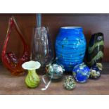 Three large glass vases, glass balls, glass basket, etc.