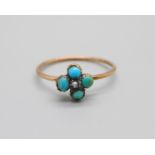 A Victorian turquoise and pearl cluster ring, tests as 9ct gold, 1g, L