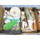 Two boxes of mixed china including Spode, Beswick, Crown Devon Fields, a collection of onyx eggs,