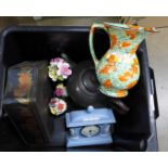 A Wedgwood Jasperware clock, a CWS Longton Art Deco jug, a Mackintosh tin, three posy ornaments